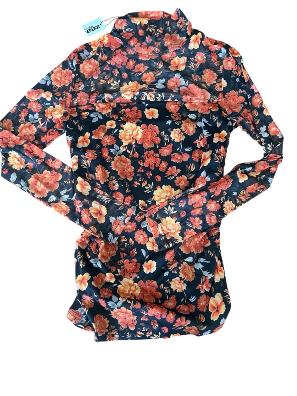 Zeagoo mesh floral top orange and black ruched sides Size Medium